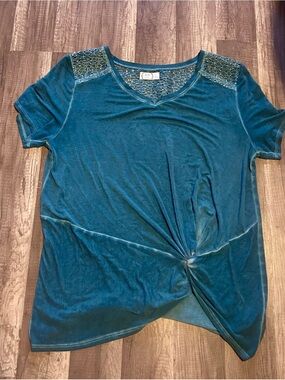 Maurices Teal Short-Sleeve Twist Front Top with Lace Shoulders